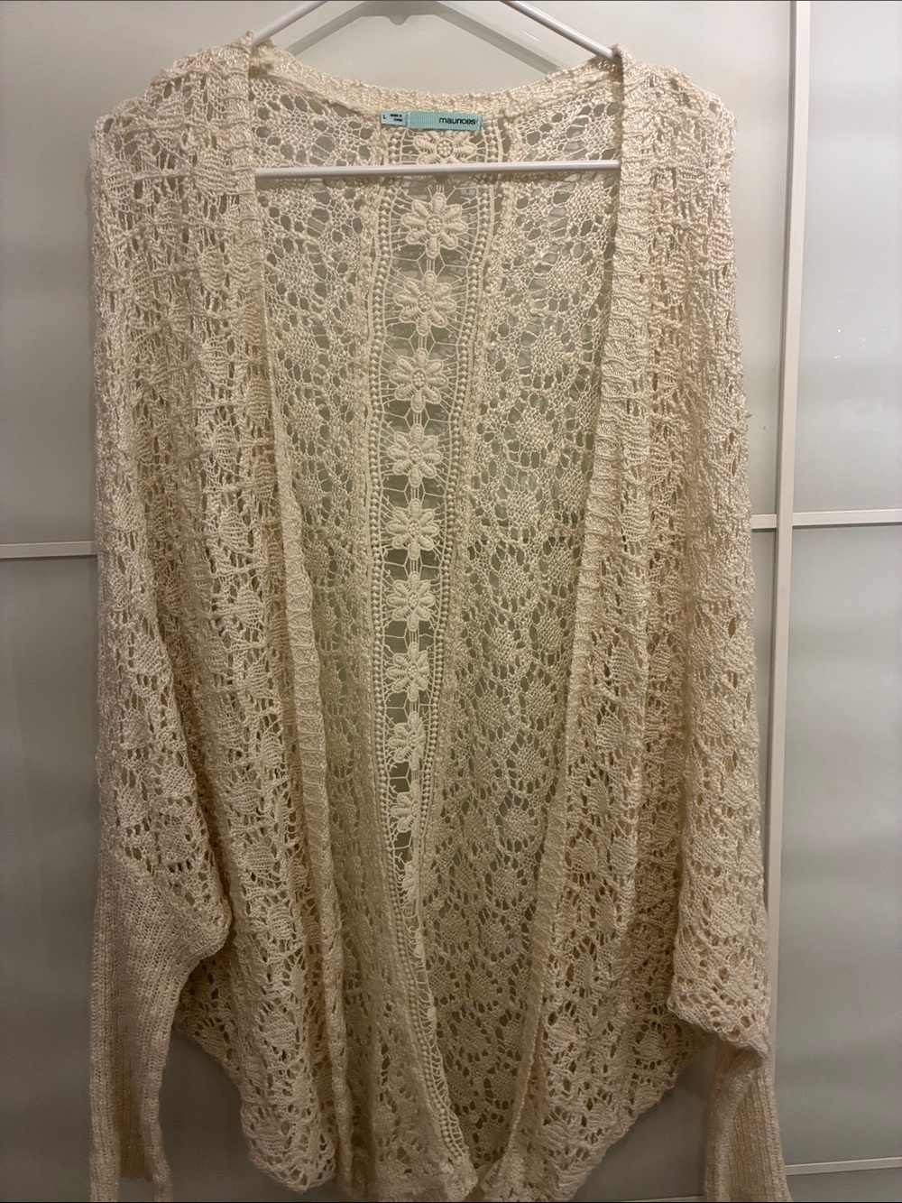 Maurices Cream Crochet Floral Open Cardigan